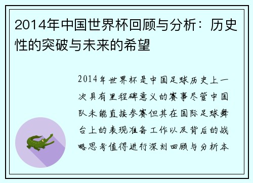 2014年中国世界杯回顾与分析：历史性的突破与未来的希望