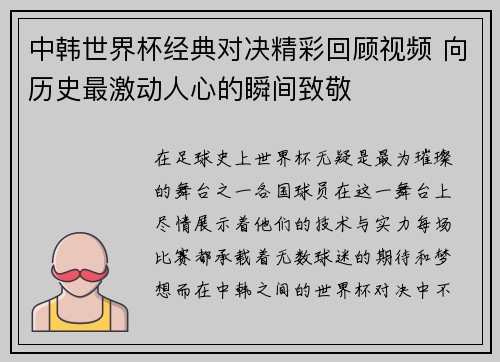中韩世界杯经典对决精彩回顾视频 向历史最激动人心的瞬间致敬