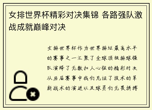 女排世界杯精彩对决集锦 各路强队激战成就巅峰对决