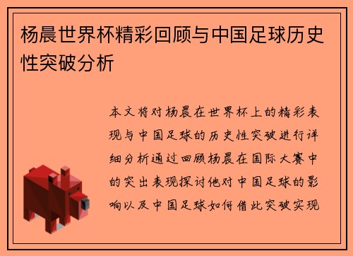 杨晨世界杯精彩回顾与中国足球历史性突破分析