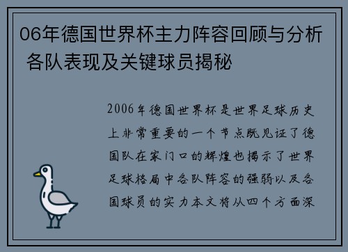 06年德国世界杯主力阵容回顾与分析 各队表现及关键球员揭秘