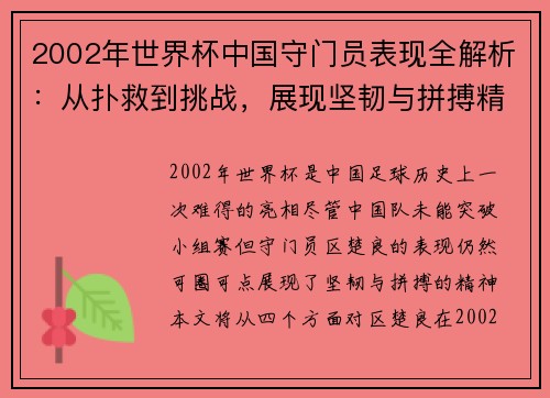 2002年世界杯中国守门员表现全解析：从扑救到挑战，展现坚韧与拼搏精神