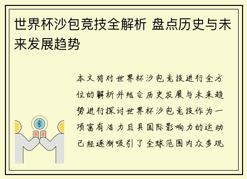 世界杯沙包竞技全解析 盘点历史与未来发展趋势