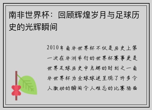 南非世界杯：回顾辉煌岁月与足球历史的光辉瞬间